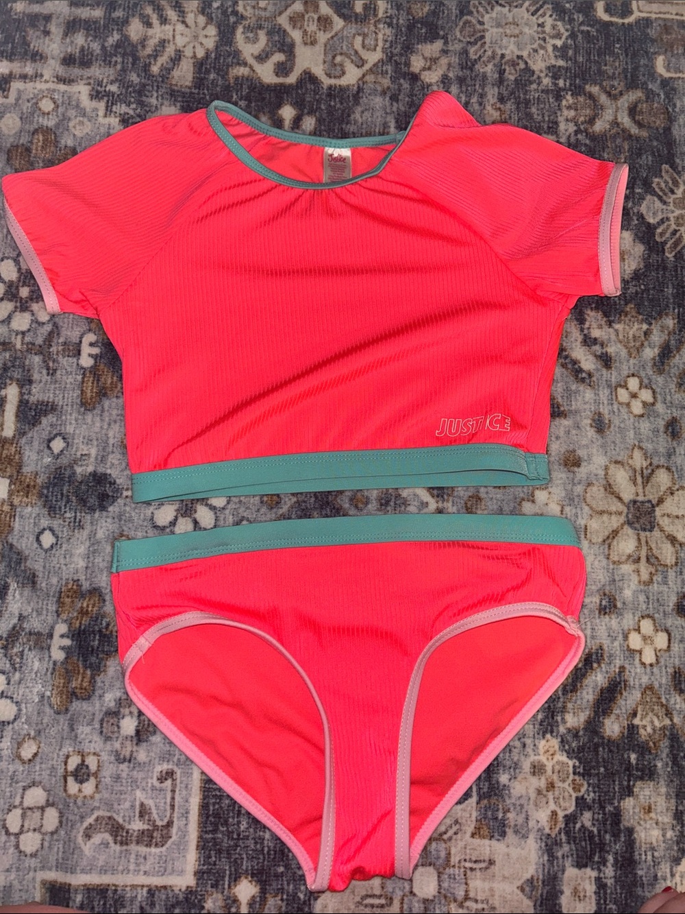Justice Neon Coral Swim Two-Piece with Teal Trim